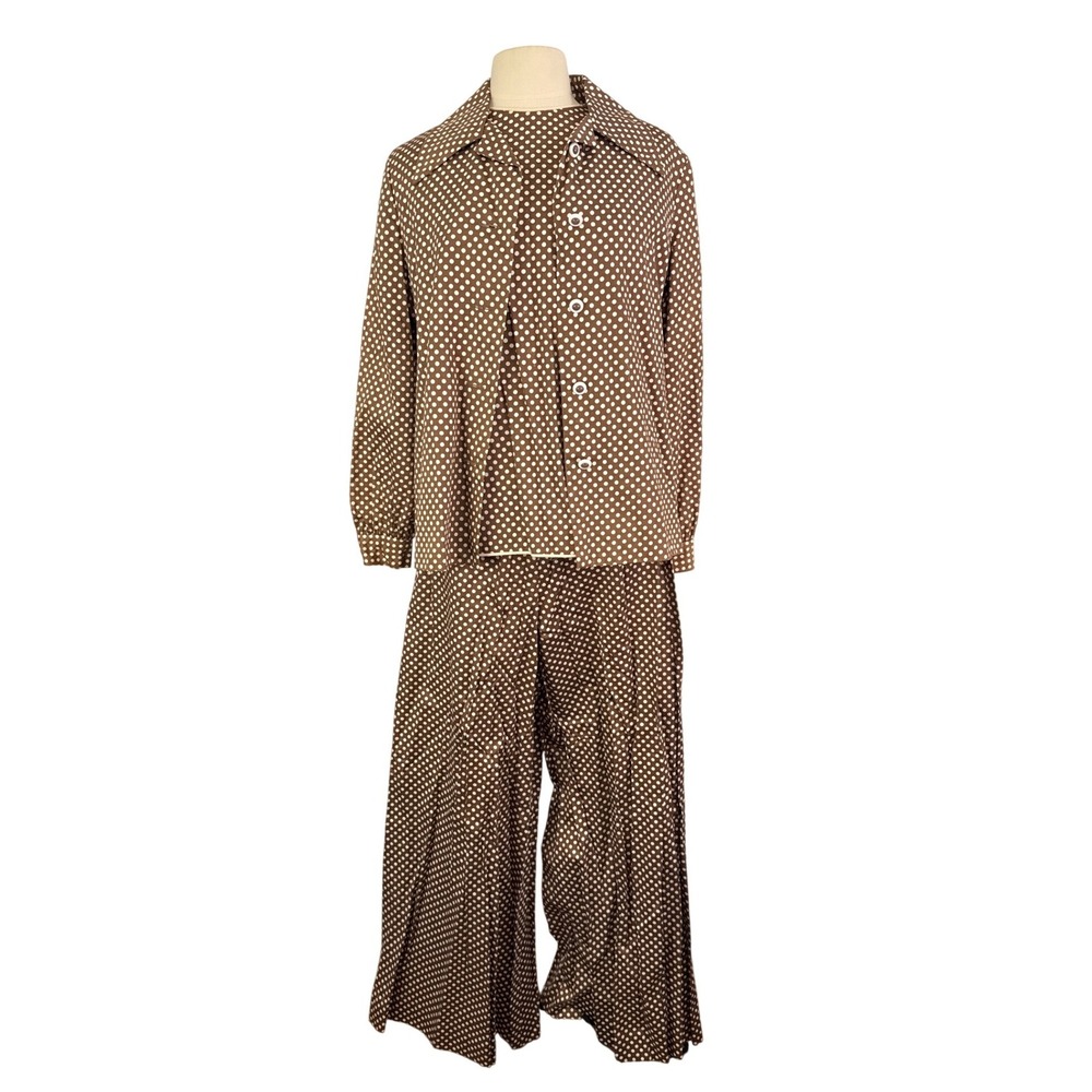 Vintage Robert Courtney 70s 3pc Polka Dot Pant Suit Brown Super Wide Leg Palazzo